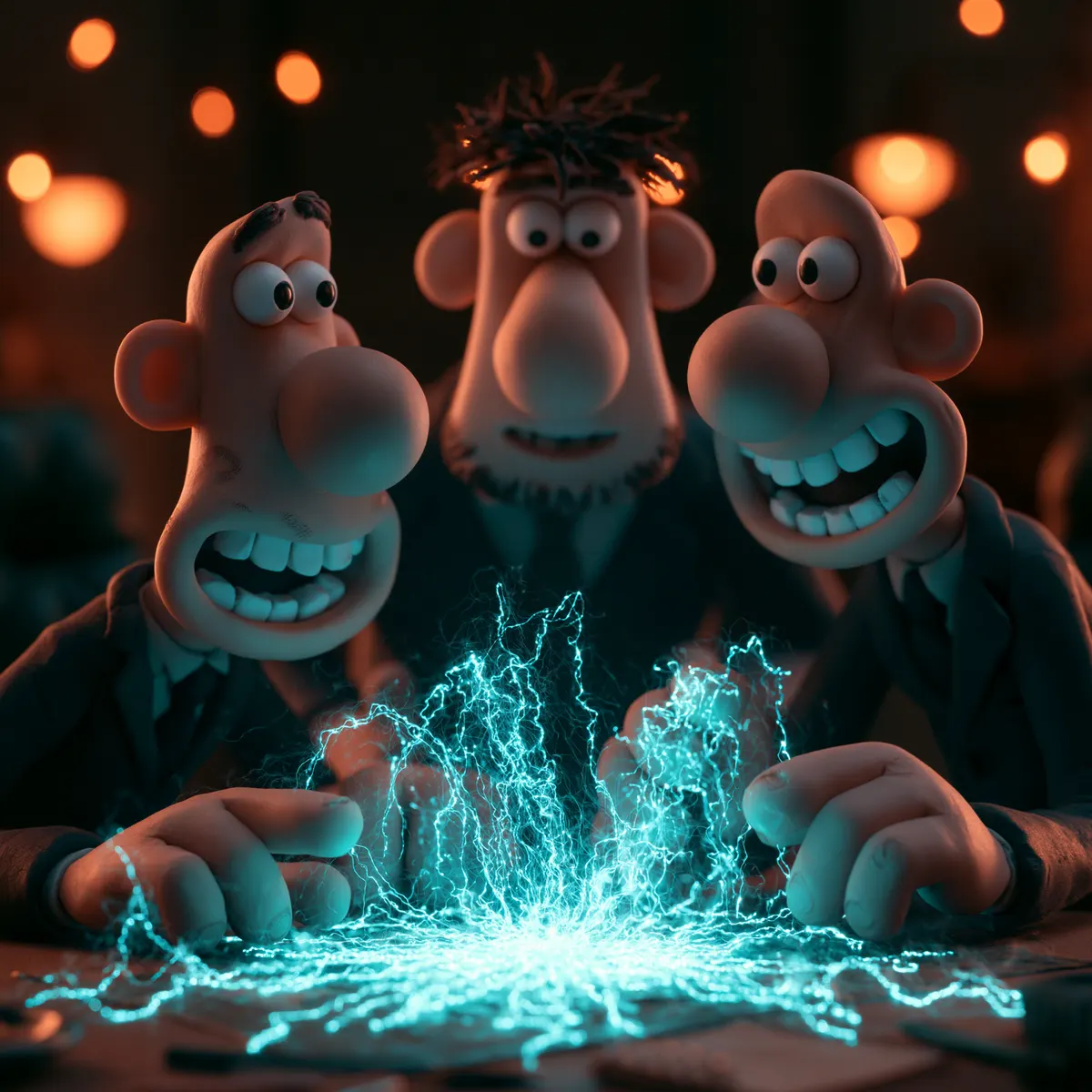 Claymation consulting team watching glowing streams of data unify on a table